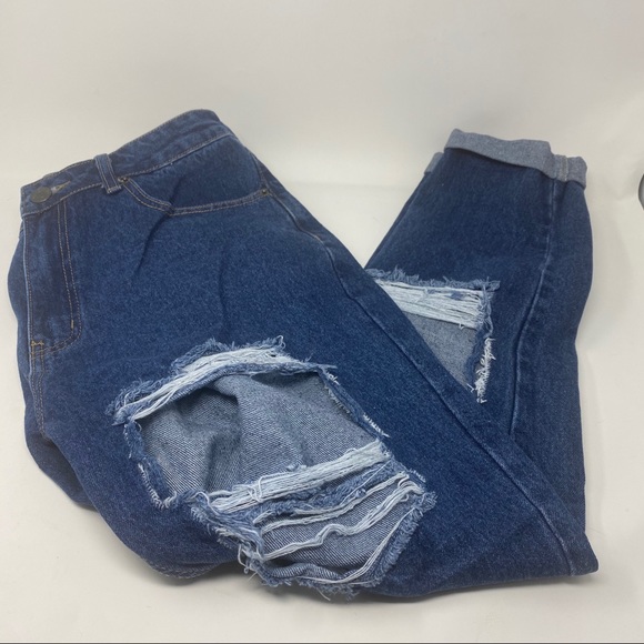 Distressed Mom Jeans Dark Blue - Picture 6 of 8